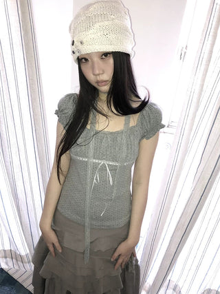 Pleated Polka Dot Puff Sleeve Square Neck Cropped Slim Korean Women T-Shirt
