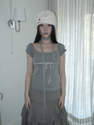 Pleated Polka Dot Puff Sleeve Square Neck Cropped Slim Korean Women T-Shirt