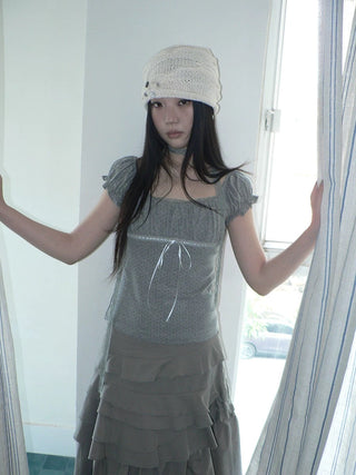 Pleated Polka Dot Puff Sleeve Square Neck Cropped Slim Korean Women T-Shirt