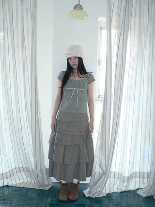 Pleated Polka Dot Puff Sleeve Square Neck Cropped Slim Korean Women T-Shirt