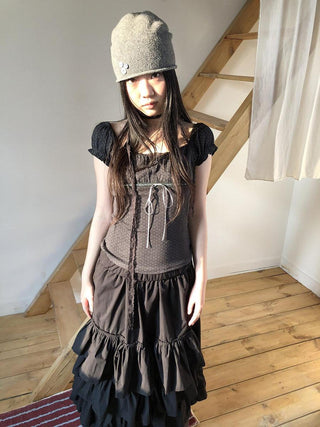 Pleated Polka Dot Puff Sleeve Square Neck Cropped Slim Korean Women T-Shirt