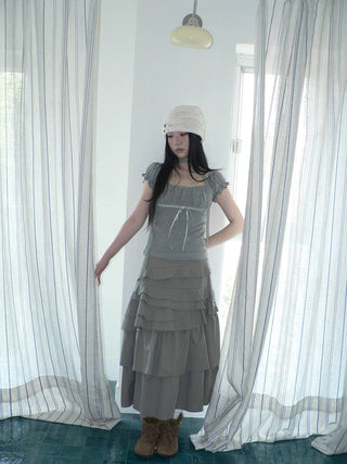 Pleated Polka Dot Puff Sleeve Square Neck Cropped Slim Korean Women T-Shirt