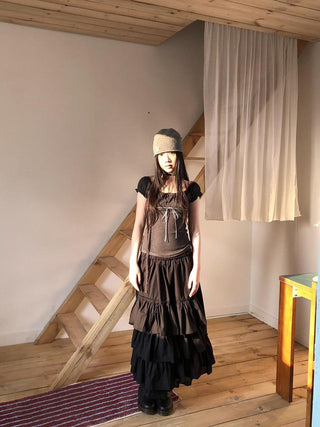Pleated Polka Dot Puff Sleeve Square Neck Cropped Slim Korean Women T-Shirt