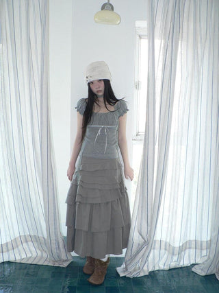 Pleated Polka Dot Puff Sleeve Square Neck Cropped Slim Korean Women T-Shirt