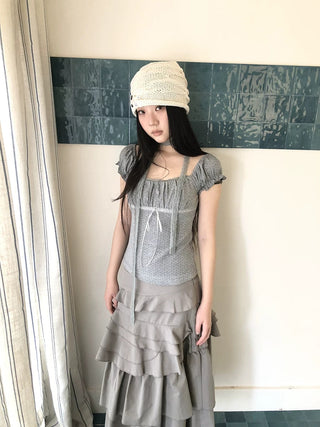 Pleated Polka Dot Puff Sleeve Square Neck Cropped Slim Korean Women T-Shirt