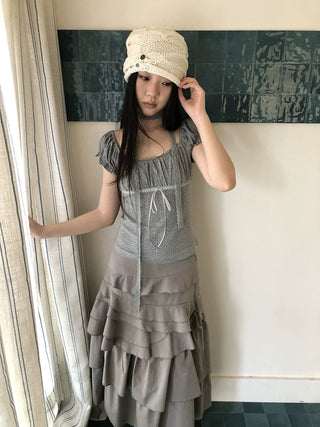 Pleated Polka Dot Puff Sleeve Square Neck Cropped Slim Korean Women T-Shirt