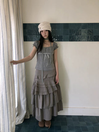 Pleated Polka Dot Puff Sleeve Square Neck Cropped Slim Korean Women T-Shirt