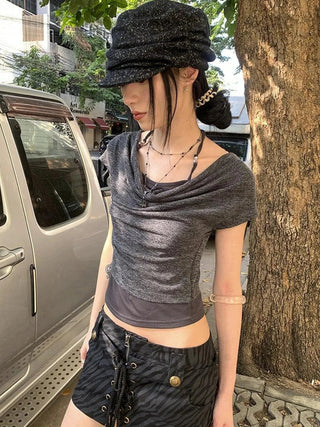 Post Apocalyptic Stacked Collar Layered Tie Detail Stretch Slim Tee