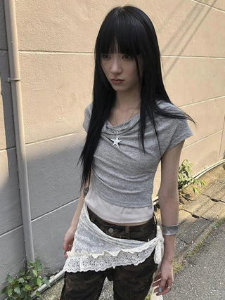 Post Apocalyptic Stacked Collar Layered Tie Detail Stretch Slim Tee