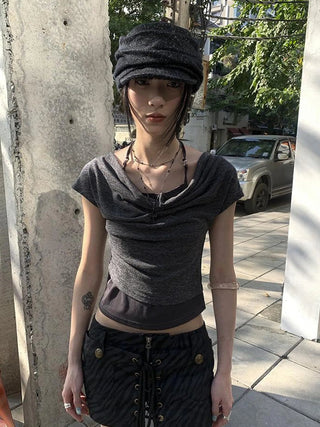 Post Apocalyptic Stacked Collar Layered Tie Detail Stretch Slim Tee