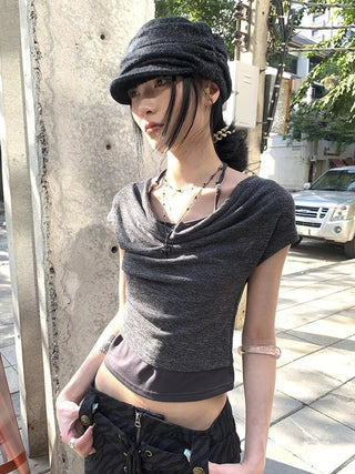 Post Apocalyptic Stacked Collar Layered Tie Detail Stretch Slim Tee