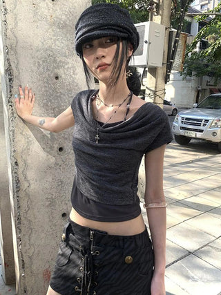 Post Apocalyptic Stacked Collar Layered Tie Detail Stretch Slim Tee