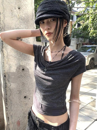 Post Apocalyptic Stacked Collar Layered Tie Detail Stretch Slim Tee