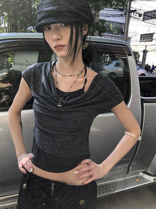 Post Apocalyptic Stacked Collar Layered Tie Detail Stretch Slim Tee
