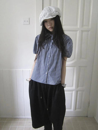 Puff Sleeve Plaid Short Sleeve Shirt