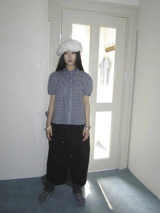 Puff Sleeve Plaid Short Sleeve Shirt
