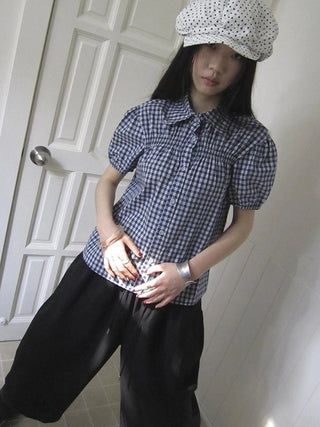 Puff Sleeve Plaid Short Sleeve Shirt