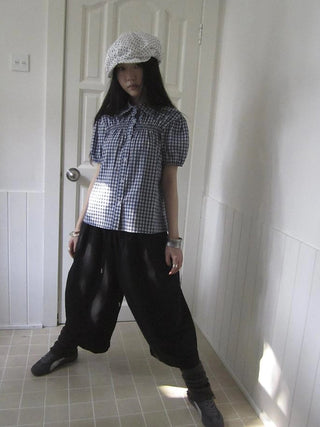 Puff Sleeve Plaid Short Sleeve Shirt