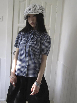 Puff Sleeve Plaid Short Sleeve Shirt