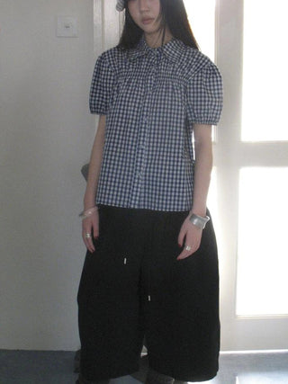 Puff Sleeve Plaid Short Sleeve Shirt