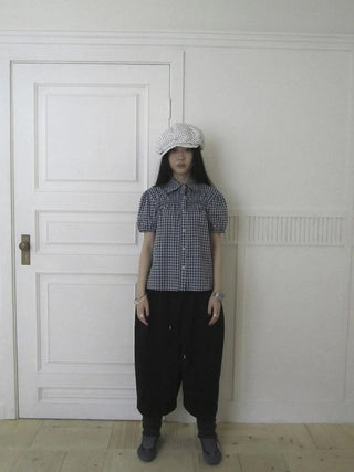 Puff Sleeve Plaid Short Sleeve Shirt