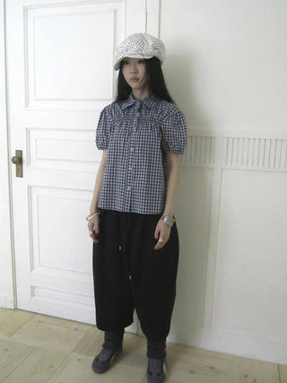 Puff Sleeve Plaid Short Sleeve Shirt