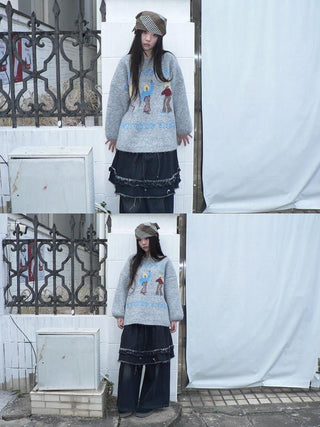 Relaxed Loose Fit Pullover Printed Crewneck Long Sleeve Girls Navy Gray Sweater