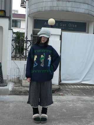 Relaxed Loose Fit Pullover Printed Crewneck Long Sleeve Girls Navy Gray Sweater