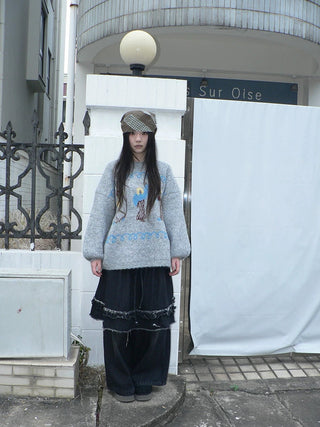 Relaxed Loose Fit Pullover Printed Crewneck Long Sleeve Girls Navy Gray Sweater