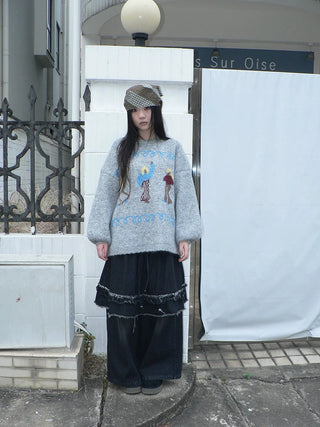 Relaxed Loose Fit Pullover Printed Crewneck Long Sleeve Girls Navy Gray Sweater