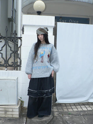 Relaxed Loose Fit Pullover Printed Crewneck Long Sleeve Girls Navy Gray Sweater