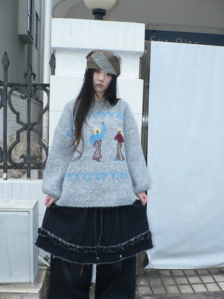 Relaxed Loose Fit Pullover Printed Crewneck Long Sleeve Girls Navy Gray Sweater