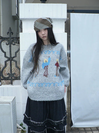 Relaxed Loose Fit Pullover Printed Crewneck Long Sleeve Girls Navy Gray Sweater
