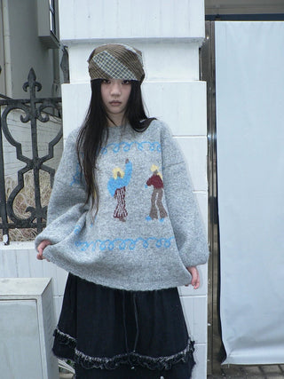 Relaxed Loose Fit Pullover Printed Crewneck Long Sleeve Girls Navy Gray Sweater