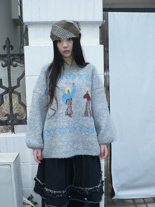 Relaxed Loose Fit Pullover Printed Crewneck Long Sleeve Girls Navy Gray Sweater