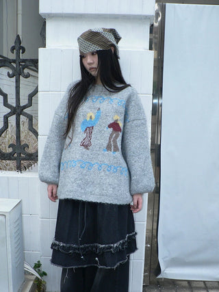 Relaxed Loose Fit Pullover Printed Crewneck Long Sleeve Girls Navy Gray Sweater