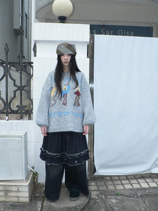Relaxed Loose Fit Pullover Printed Crewneck Long Sleeve Girls Navy Gray Sweater