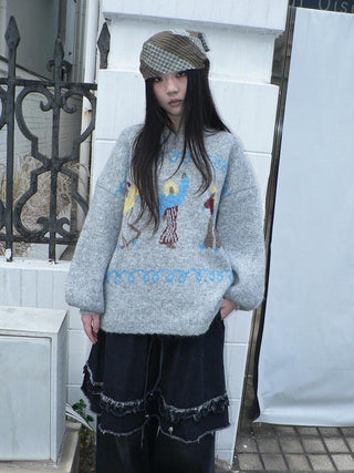 Relaxed Loose Fit Pullover Printed Crewneck Long Sleeve Girls Navy Gray Sweater