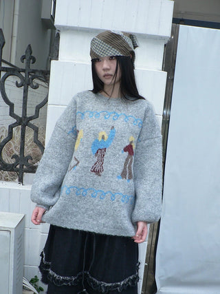 Relaxed Loose Fit Pullover Printed Crewneck Long Sleeve Girls Navy Gray Sweater