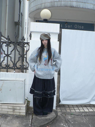 Relaxed Loose Fit Pullover Printed Crewneck Long Sleeve Girls Navy Gray Sweater