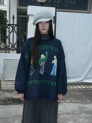 Relaxed Loose Fit Pullover Printed Crewneck Long Sleeve Girls Navy Gray Sweater