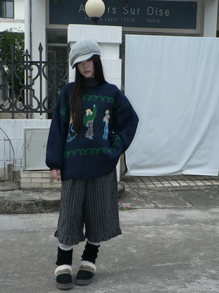 Relaxed Loose Fit Pullover Printed Crewneck Long Sleeve Girls Navy Gray Sweater