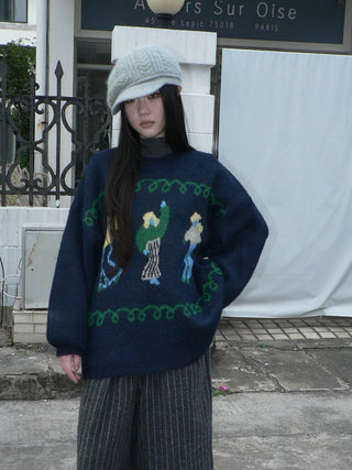 Relaxed Loose Fit Pullover Printed Crewneck Long Sleeve Girls Navy Gray Sweater