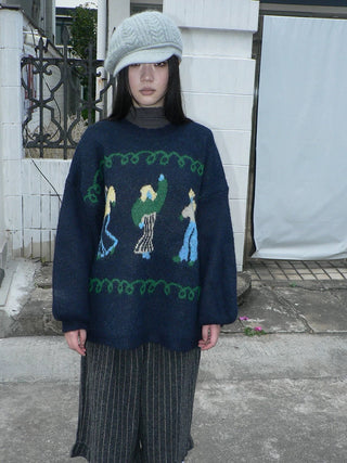 Relaxed Loose Fit Pullover Printed Crewneck Long Sleeve Girls Navy Gray Sweater