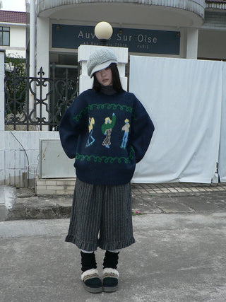 Relaxed Loose Fit Pullover Printed Crewneck Long Sleeve Girls Navy Gray Sweater