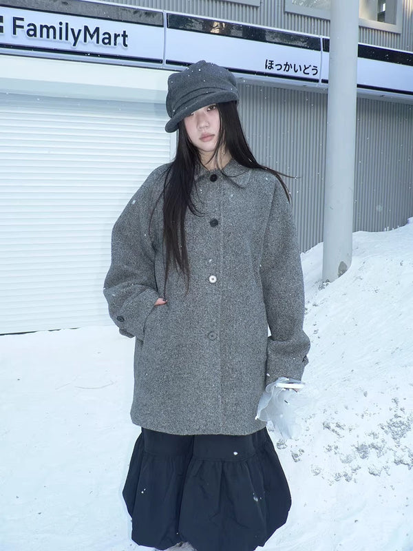 Retro Commuter Straight Fit Lapel Mid Length Single Breasted Grey Women Coat