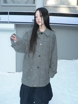 Retro Commuter Straight Fit Lapel Mid Length Single Breasted Grey Women Coat