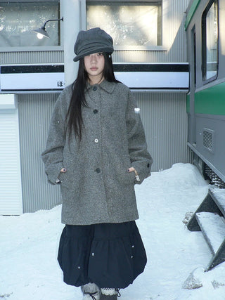 Retro Commuter Straight Fit Lapel Mid Length Single Breasted Grey Women Coat