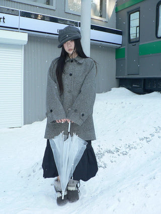 Retro Commuter Straight Fit Lapel Mid Length Single Breasted Grey Women Coat