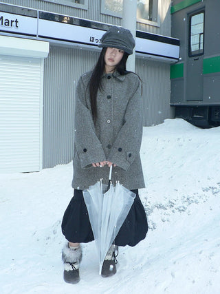 Retro Commuter Straight Fit Lapel Mid Length Single Breasted Grey Women Coat